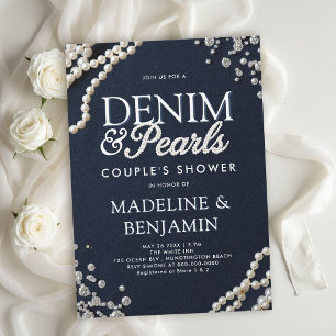 Denim Diamonds Parels Blauw Rustic Koppel Bruiloft Kaart