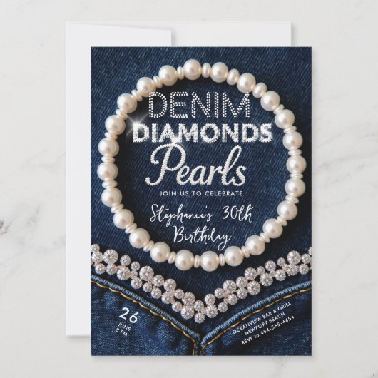 Denim Diamonds Parels Chic Classy Moderne Verjaard Kaart (Voorkant)