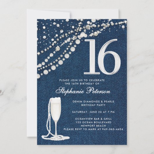 Denim Diamonds Pearls Champagne ElegantSweet 16 Kaart (Voorkant)