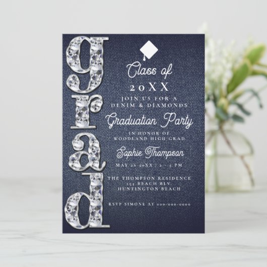 Denim Diamonds Script Blue Jeans Graduparty Kaart (Staand voorkant)