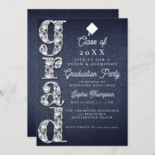 Denim Diamonds Script Blue Jeans Graduparty Kaart (Voorkant / Achterkant)
