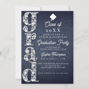 Denim Diamonds Script Blue Jeans Graduparty Kaart