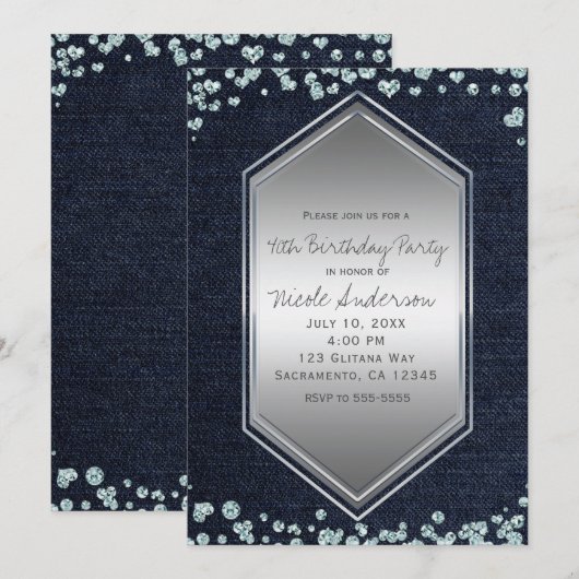 Denim Diamonds Silver Hearts verjaardagsfeestje Kaart (Voorkant / Achterkant)