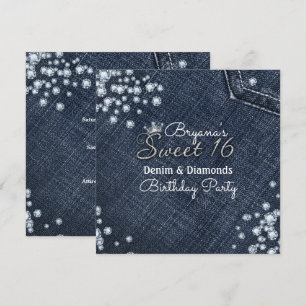 Denim & Diamonds Sweet 16 Kroon Feest Uitnodiginge Kaart