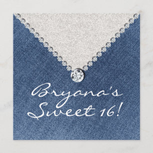 Denim Diamonds Zilver Glitter Sweet 16 Uitnodiging