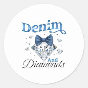 Denim En Diamanten Boog Dames Meisjes Vrouwen Ronde Sticker