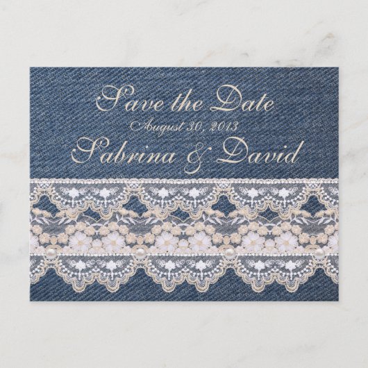Denim en Kant Save the Date Briefkaart (Voorkant)