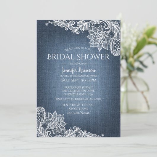 Denim en Lace Bridal Shower Invitation Kaart (Staand voorkant)