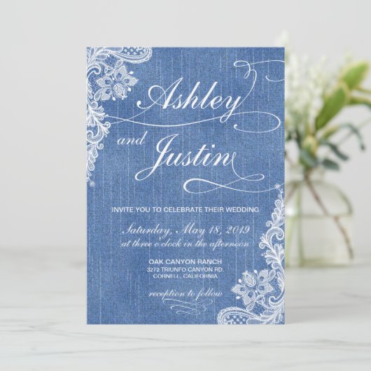 Denim en Lace rustic trouwuitnodiging Kaart (Staand voorkant)