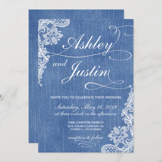Denim en Lace rustic trouwuitnodiging Kaart (Voorkant / Achterkant)