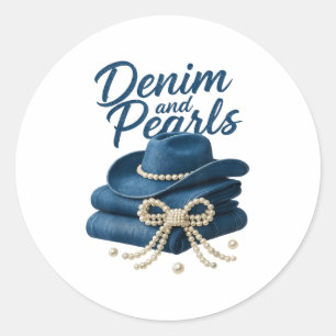 Denim en parels Outfit Vrouwen Western Cowgirl Rod Ronde Sticker
