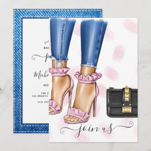Denim en Roze Bloemensingle Bachelorettefeest Kaart