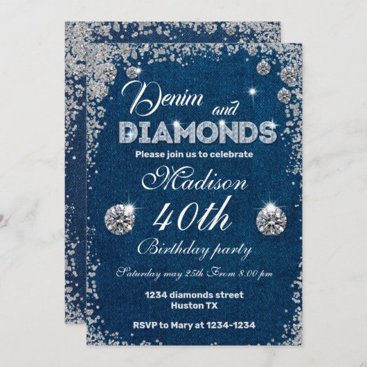 Denim et Diamonds invitation Chic fête d'anniversa (Devant / Derrière)