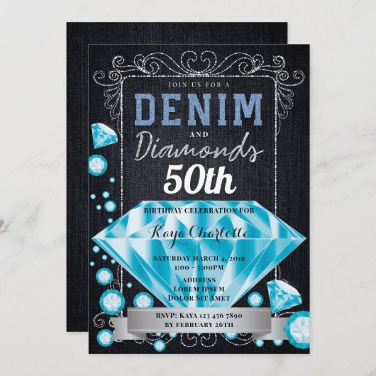 Denim et Diamonds Invitation d'anniversaire (Devant / Derrière)