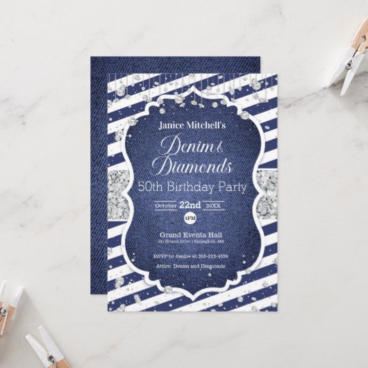 Denim et Diamonds Invitation d'anniversaire (Devant/Arrière en situation)