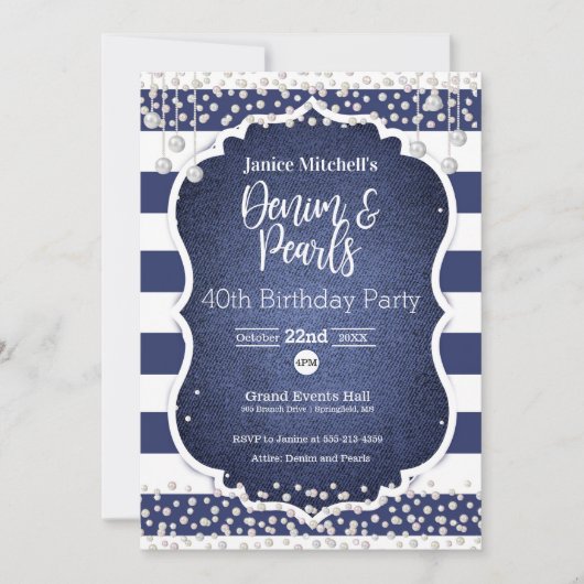 Denim et Pearls 40th Birthday Invitation (Devant)