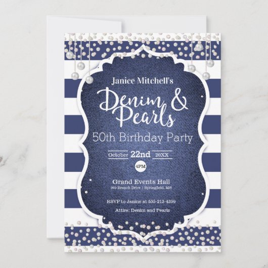 Denim et Pearls Invitation d'anniversaire (Devant)