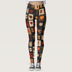 Denim Folk Art Quilt Patroon rustieke herfstpatc Leggings