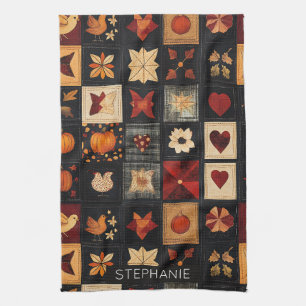 Denim Folk Art Quilt Patroon   rustieke herfstpatc Theedoek