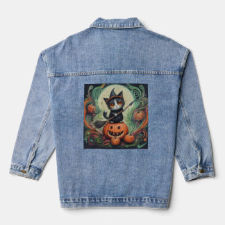 Denim grillige heksenkat en pompoen Halloween Denim Jacket
