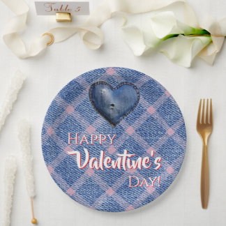 Denim Heart Valentine's Day Party Plaid  Papieren Bordje
