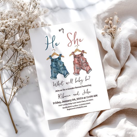 Denim hij of zij waslijn gender reveal party kaart