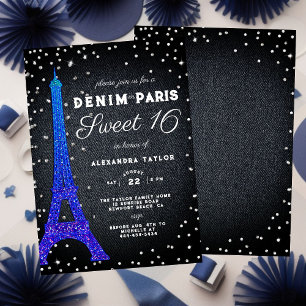 Denim in Parijs Glitter Minimalist Rustic Sweet 16 Kaart