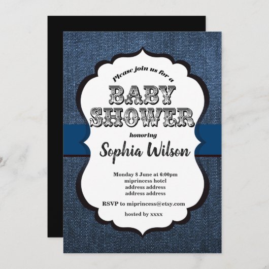 Denim Invitation , Baby shower Kaart (Voorkant / Achterkant)