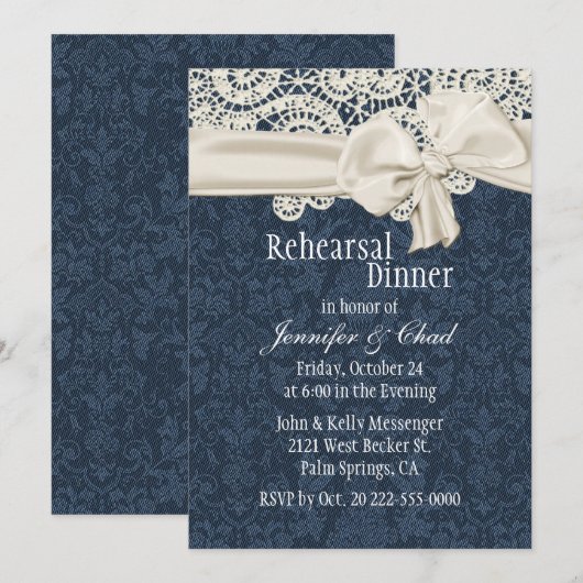 Denim & Ivory Lace Wedding Rehearsal Dinner Kaart (Voorkant / Achterkant)