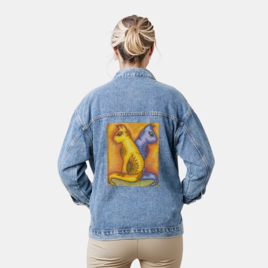 Denim Jacket With Floral Cats Pencil Art (Model)