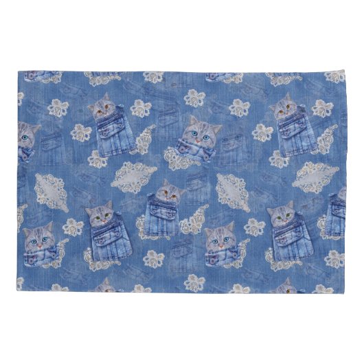 Denim Jean-contactdozen, Kittens en Lace Repeat Pa Kussensloop (Achterkant)
