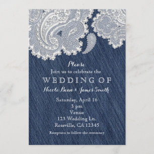 Denim Jean & White Lace Wedding Invitations Kaart