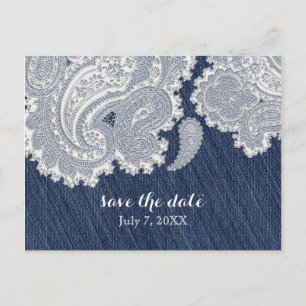 Denim Jean & Witte Kant Elegante Bruiloft Aankondigingskaart