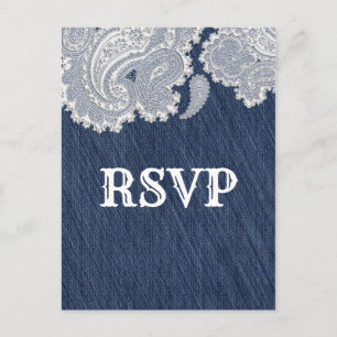 Denim Jean & Witte Kant Elegante Trouw RSVP Uitnodiging Briefkaart