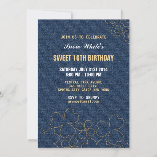 Denim Jeans Floral Pattern Birthday Invitation Kaart (Voorkant)