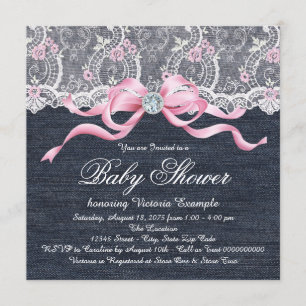 Denim Lace Diamond Bow Baby shower Kaart