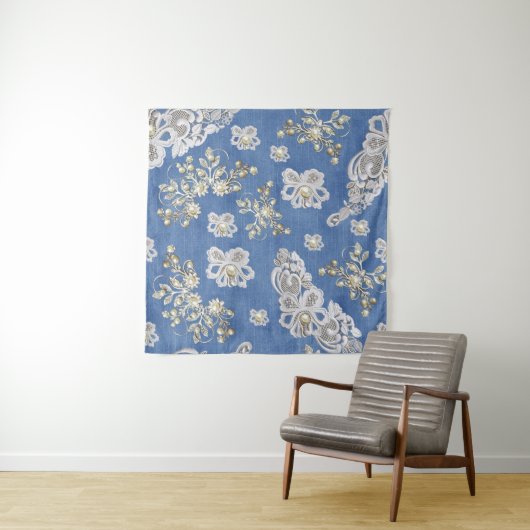 Denim- Lace - Ivory Pearls Herhalen Wandkleed (In situ)
