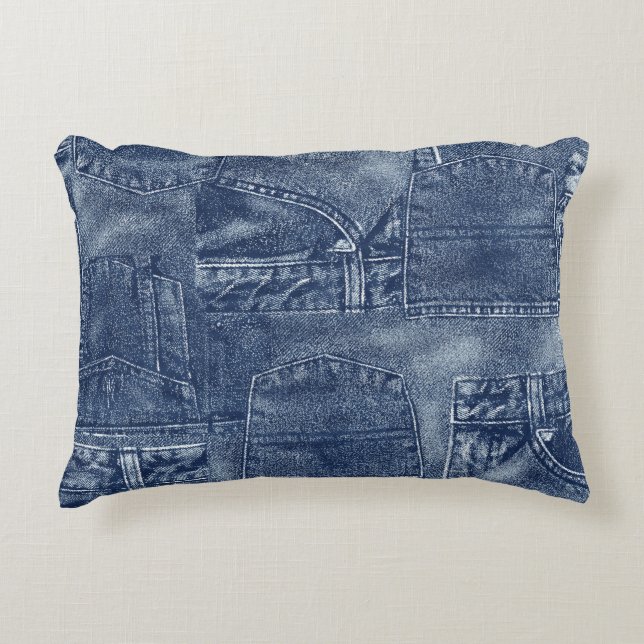 Denim materiaal in een patchwork pocket patroon. accent kussen (Voorkant)