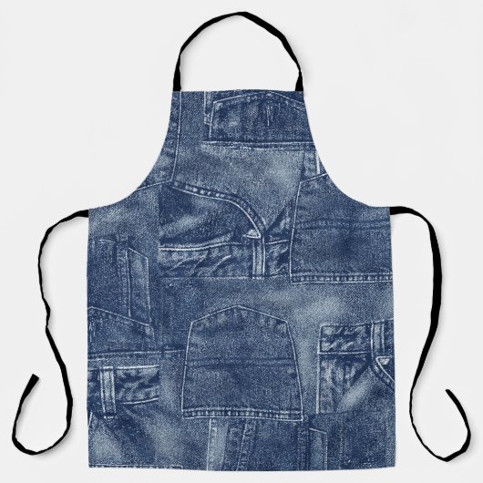 Denim materiaal in een patchwork pocket patroon. schort (Voorkant)