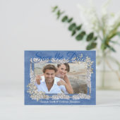 Denim met Cream Flower Lace Aankondigingskaart (Staand voorkant)