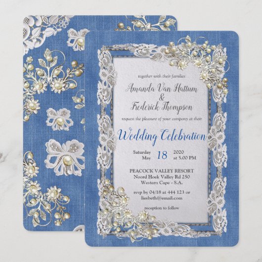 Denim met Cream Flower Lace en Pearls Kaart (Voorkant / Achterkant)