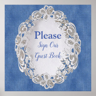 Denim met Cream Flower Lace Poster