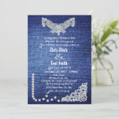 Denim, Parels en Lace Wedding Invite Kaart (Staand voorkant)