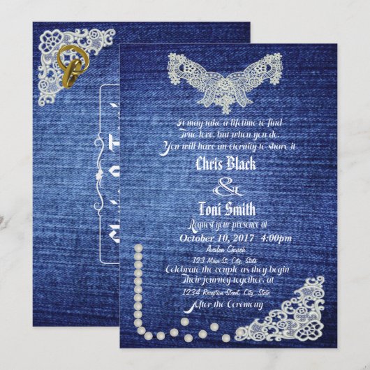 Denim, Parels en Lace Wedding Invite Kaart (Voorkant / Achterkant)