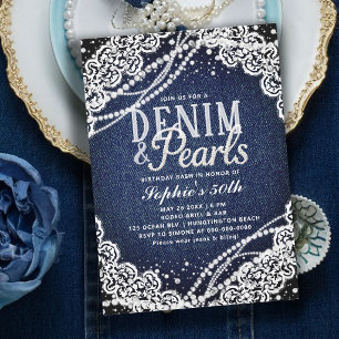 Denim Parels Kant Moderne Elegantie 50e Verjaardag Kaart