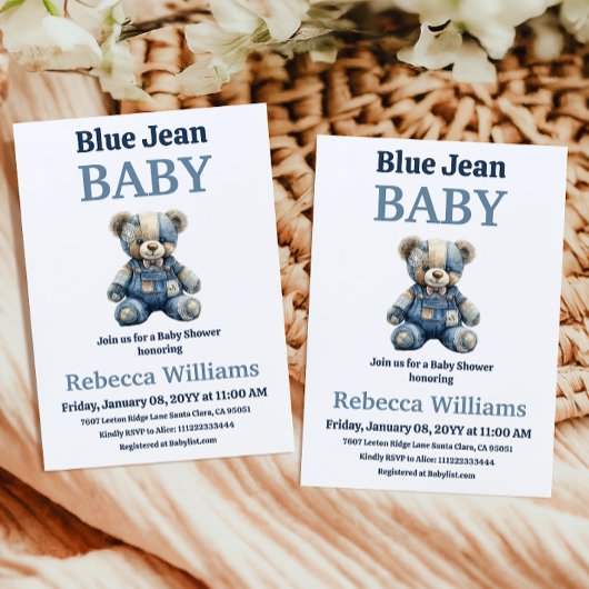 Denim Patchwork Bear Boy Blue Jean Baby Shower Kaart