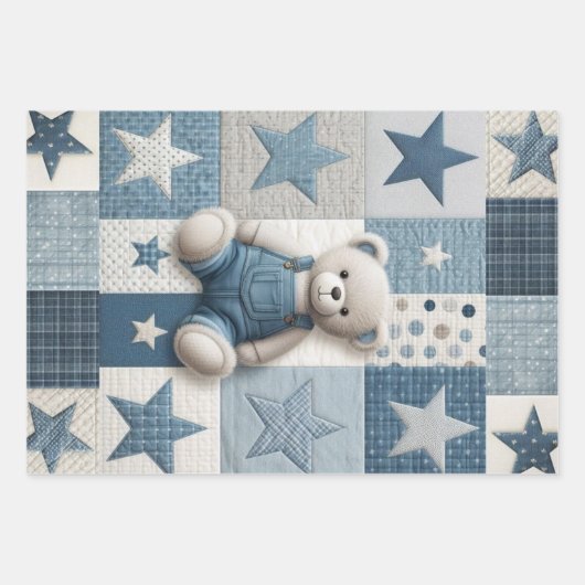 Denim Patchwork Bear Napkins Inpakpapier Vel (Voorkant)