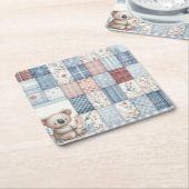 Denim Patchwork Koala - Square Paper Coaster Vierkante Kartonnen Onderzetter (Schuin)