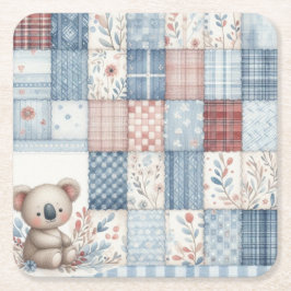 Denim Patchwork Koala - Square Paper Coaster Vierkante Kartonnen Onderzetter
