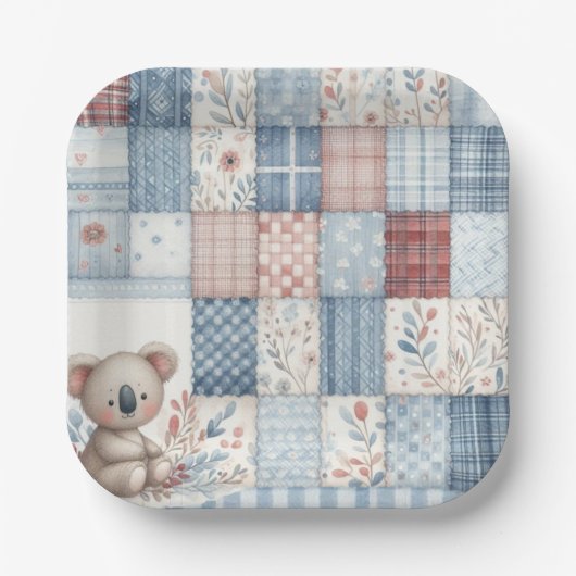 Denim Patchwork Koala - Square Paper Plate Papieren Bordje (Voorkant)